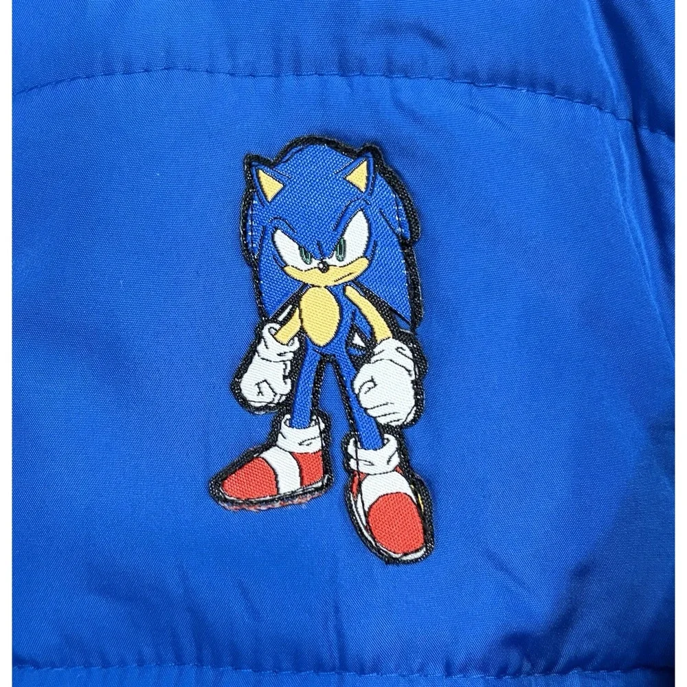 Sonic The Hedgehog Puffer Jacket Kids L/7 Blue Hooded Coat Sega Gamer Outdoor